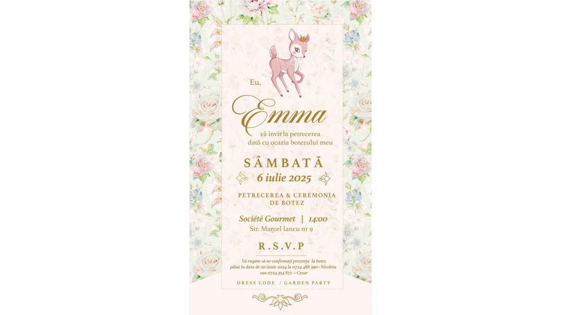 Invitație digitală botez fetiță – Bambi Nuanțe pastel verde mentă și roz pudră Invitație electronică personalizată 1
